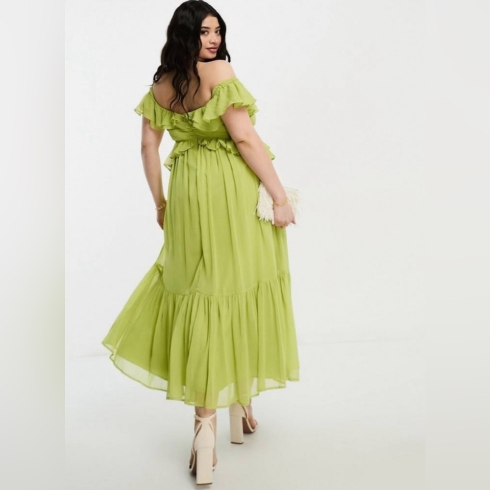 ASOS curve ruffle cut off shoulder olive green dress